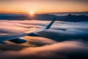 a avião asa vôo sobre nuvens às pôr do sol. gerado por IA foto