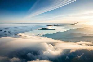 a avião asa vôo sobre nuvens e montanhas. gerado por IA foto