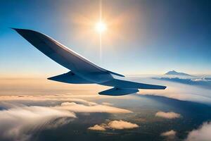 uma avião vôo sobre a nuvens com a Sol dentro a fundo. gerado por IA foto
