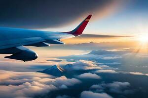 a avião asa vôo sobre a nuvens às pôr do sol. gerado por IA foto