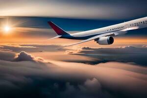 uma ampla passageiro jato vôo sobre nuvens. gerado por IA foto