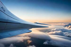 uma Visão do a asa do uma avião vôo sobre a nuvens. gerado por IA foto