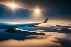 a avião asa é vôo sobre a nuvens. gerado por IA foto