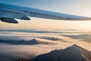 a avião asa vôo sobre montanhas e nuvens. gerado por IA foto