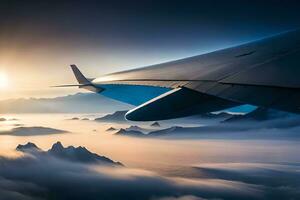 a avião asa é vôo sobre a montanhas. gerado por IA foto