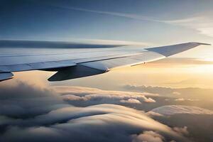 a avião asa é visto vôo sobre a nuvens. gerado por IA foto