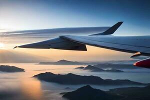 a avião asa vôo sobre a montanhas e névoa. gerado por IA foto