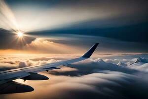 a avião asa vôo sobre nuvens com Sol brilhando. gerado por IA foto
