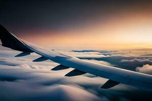 a avião asa vôo acima a nuvens. gerado por IA foto