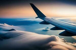 a avião asa é visto vôo sobre nuvens. gerado por IA foto