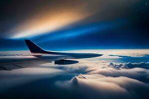 a avião asa vôo acima a nuvens. gerado por IA foto