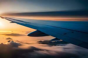 a asa do a avião é visto vôo sobre nuvens. gerado por IA foto