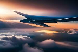 uma ampla avião vôo através a nuvens. gerado por IA foto