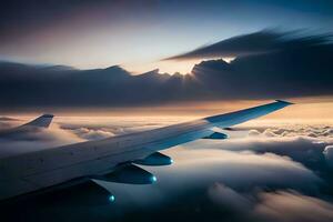 a avião asa é visto vôo acima a nuvens. gerado por IA foto