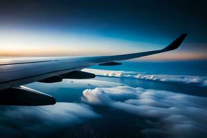 a avião asa vôo sobre a nuvens às pôr do sol. gerado por IA foto