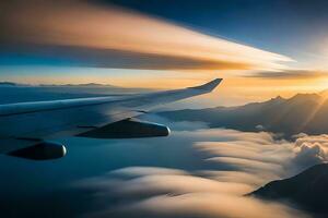 a avião asa é visto vôo sobre nuvens. gerado por IA foto