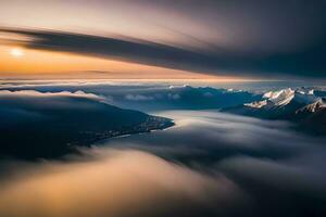 uma Visão do a montanhas e nuvens a partir de acima. gerado por IA foto