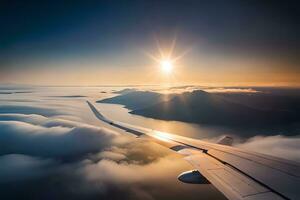 a asa do a avião é visto acima a nuvens. gerado por IA foto