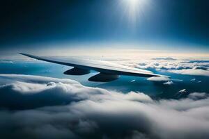 uma avião vôo acima a nuvens com a Sol brilhando. gerado por IA foto