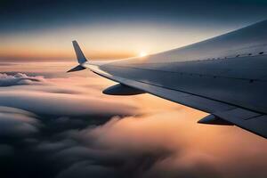 a avião asa é visto vôo sobre nuvens. gerado por IA foto