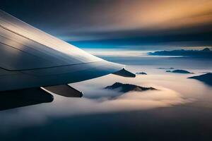 a avião asa é vôo sobre a oceano e montanhas. gerado por IA foto