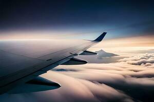 a avião asa é visto vôo acima a nuvens. gerado por IA foto