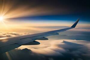 a avião asa é visto vôo acima nuvens. gerado por IA foto