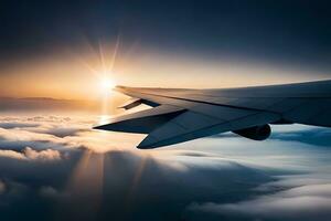 a asa do a avião é visto vôo sobre a nuvens. gerado por IA foto