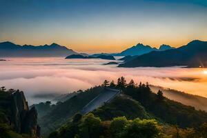 a nascer do sol sobre a montanhas e névoa dentro China. gerado por IA foto