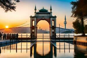 pôr do sol Visão do a bósforo ponte e a cidade do Istambul. gerado por IA foto