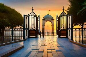 a portão para a de praia às pôr do sol. gerado por IA foto