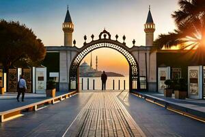 a Entrada para a mesquita às pôr do sol. gerado por IA foto