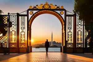 uma homem em pé dentro frente do a ornamentado portão às pôr do sol. gerado por IA foto