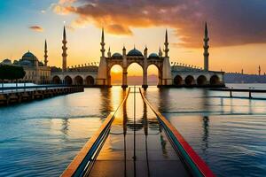 a Sol conjuntos sobre uma mesquita dentro Istambul. gerado por IA foto