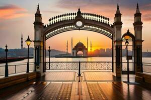 pôr do sol sobre a hagia Sofia, Istambul, peru. gerado por IA foto