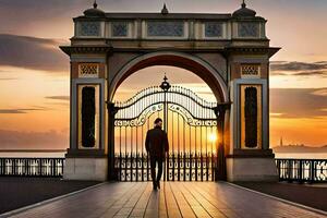 uma homem em pé dentro frente do a arco às pôr do sol. gerado por IA foto