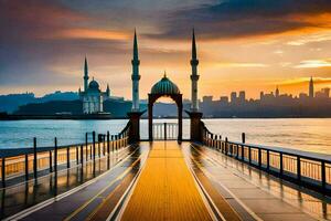 a dourado ponte é uma ponte este conecta a cidade do Istambul para a cidade do peru. gerado por IA foto