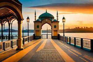 uma mesquita é visto às pôr do sol em uma cais. gerado por IA foto