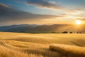 uma pôr do sol sobre uma trigo campo. gerado por IA foto