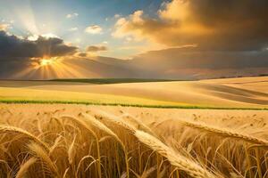 dourado trigo campo às pôr do sol. gerado por IA foto