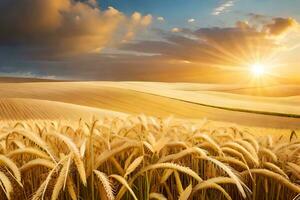 dourado trigo campo às pôr do sol. gerado por IA foto