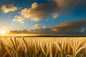 uma campo do trigo é mostrando às pôr do sol. gerado por IA foto