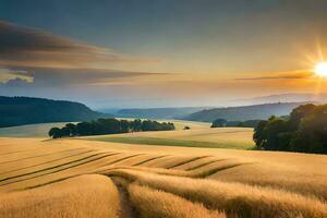 uma lindo pôr do sol sobre uma campo do trigo. gerado por IA foto