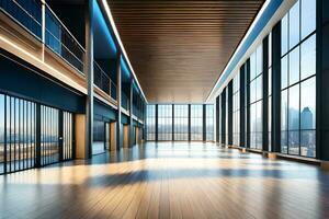 a esvaziar escritório com ampla janelas e de madeira andares. gerado por IA foto