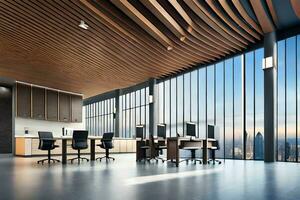 moderno escritório com ampla janelas e de madeira teto. gerado por IA foto
