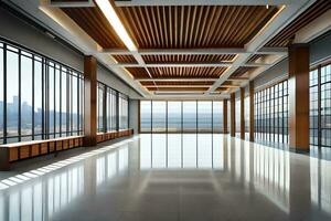 a esvaziar escritório com ampla janelas e de madeira teto. gerado por IA foto