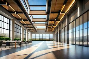 moderno escritório com ampla janelas e de madeira andares. gerado por IA foto