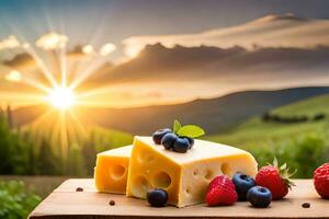 queijo, bagas e Sol em uma de madeira mesa. gerado por IA foto