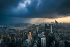 uma tormentoso céu sobre Novo Iorque cidade. gerado por IA foto