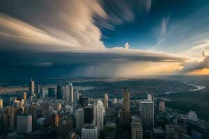 uma tempestade nuvens sobre a cidade Horizonte. gerado por IA foto